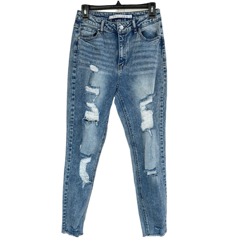 Tinseltown JRS SZ 7 Jeans High-Rise Zip-Fly Distressed Frayed Hems Medium Wash